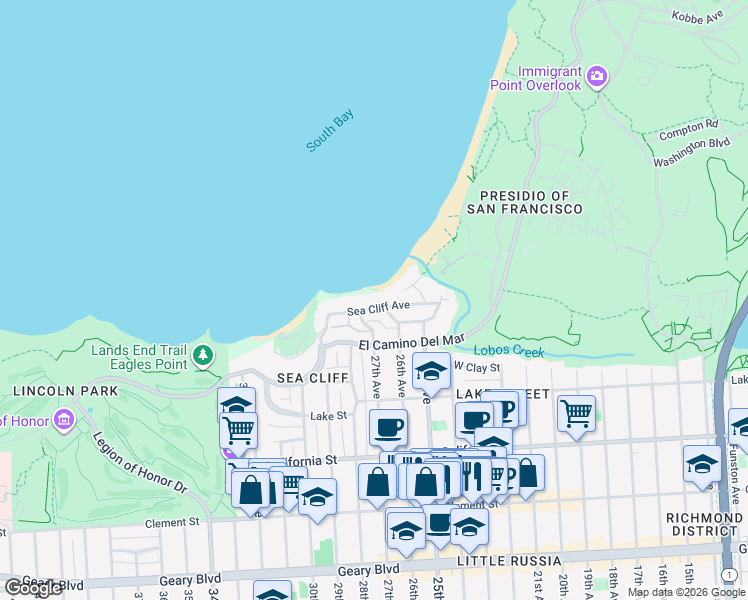 map of restaurants, bars, coffee shops, grocery stores, and more near 98 Sea Cliff Avenue in San Francisco