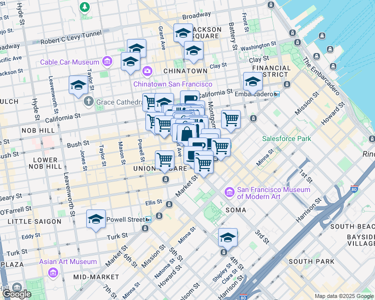 map of restaurants, bars, coffee shops, grocery stores, and more near 255 Sutter Street in San Francisco