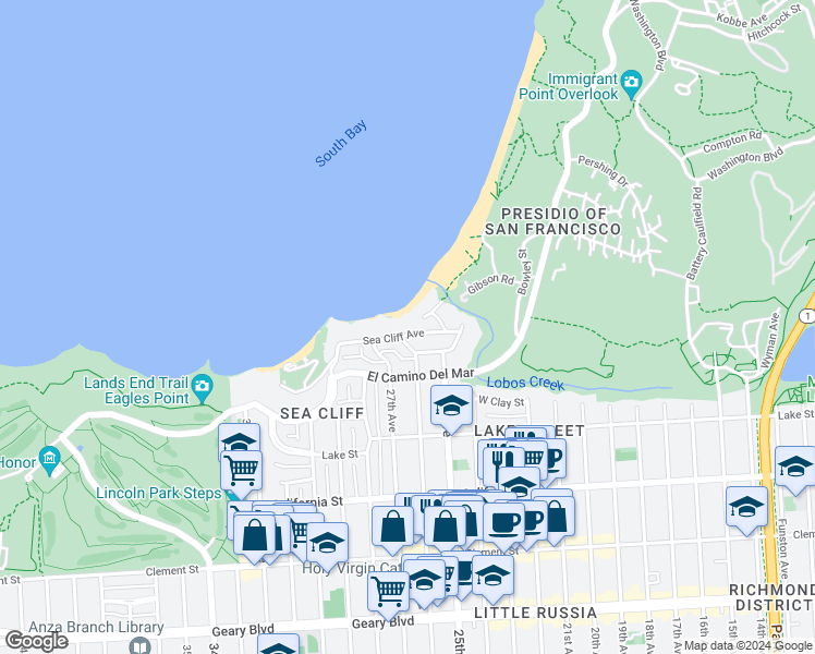 map of restaurants, bars, coffee shops, grocery stores, and more near 98 Sea Cliff Avenue in San Francisco
