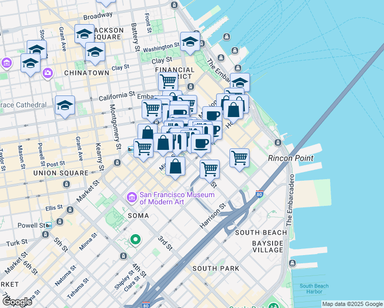 map of restaurants, bars, coffee shops, grocery stores, and more near 400 Howard Street in San Francisco
