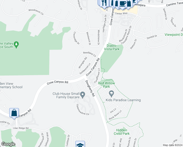 map of restaurants, bars, coffee shops, grocery stores, and more near 408 Regal Lily Lane in San Ramon