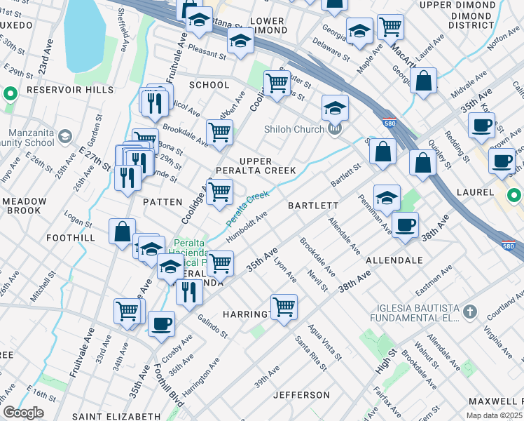 map of restaurants, bars, coffee shops, grocery stores, and more near 2509 Humboldt Avenue in Oakland