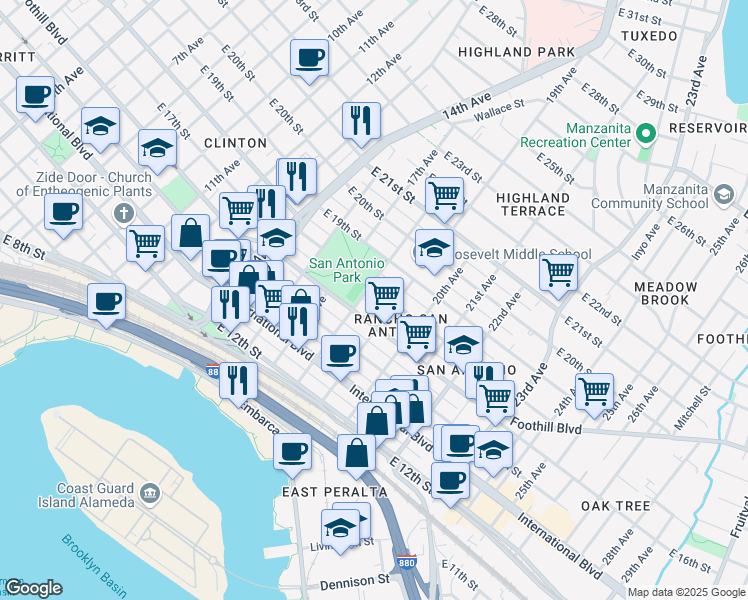 map of restaurants, bars, coffee shops, grocery stores, and more near 1702 18th Avenue in Oakland