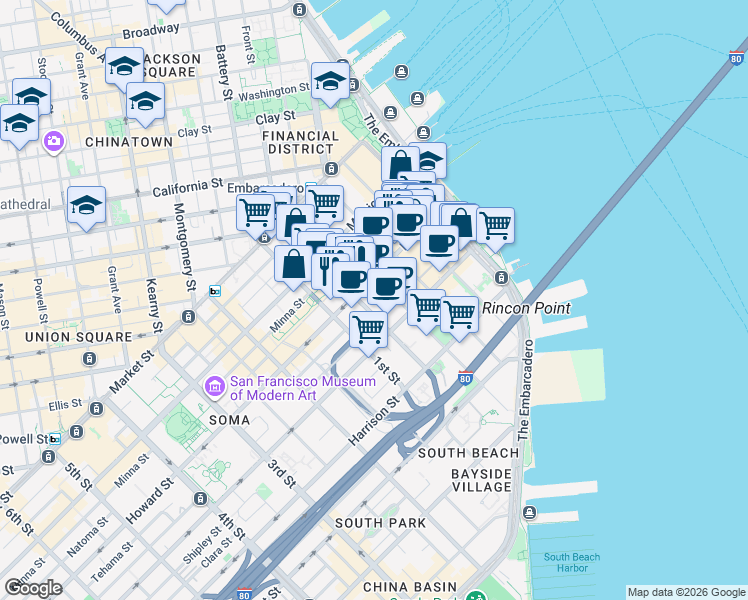 map of restaurants, bars, coffee shops, grocery stores, and more near 301 Howard Street in San Francisco