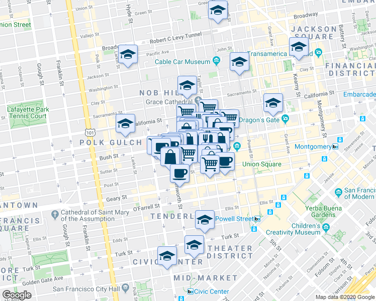 map of restaurants, bars, coffee shops, grocery stores, and more near 999 Bush Street in San Francisco