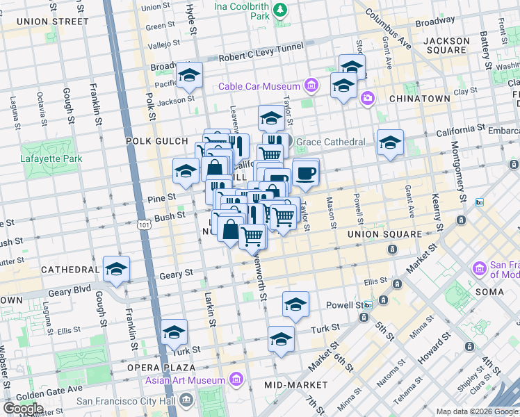 map of restaurants, bars, coffee shops, grocery stores, and more near 806 Sutter Street in San Francisco