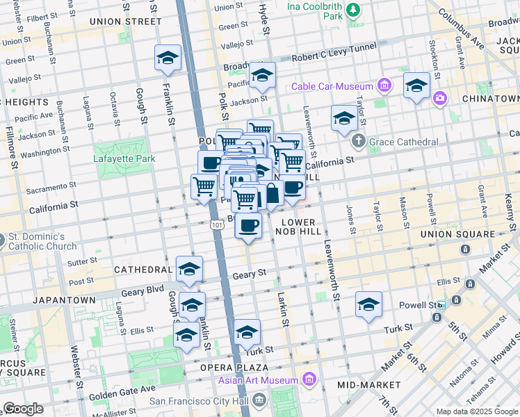 map of restaurants, bars, coffee shops, grocery stores, and more near 70 Frank Norris Street in San Francisco