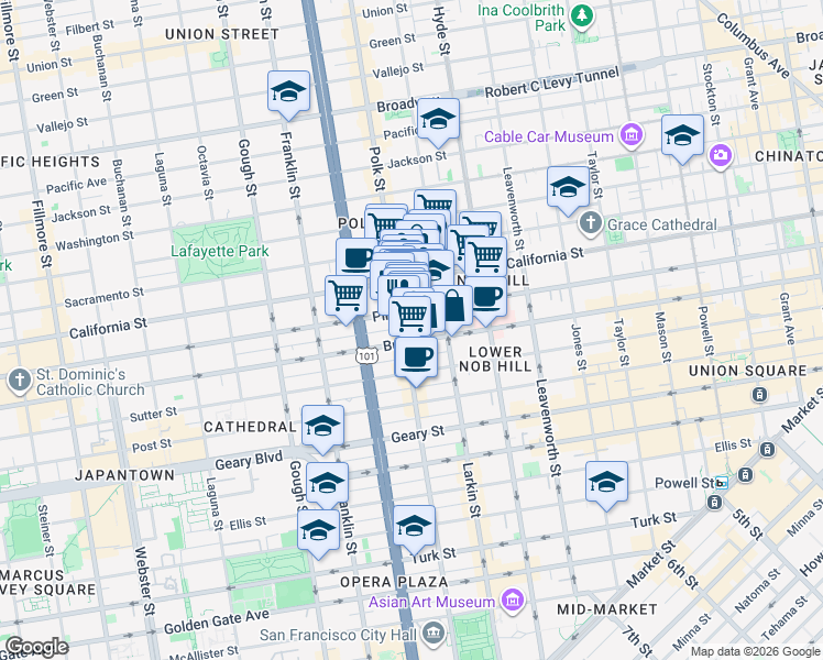 map of restaurants, bars, coffee shops, grocery stores, and more near 70 Frank Norris Street in San Francisco