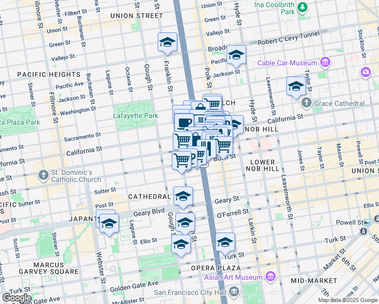 map of restaurants, bars, coffee shops, grocery stores, and more near 1501 Van Ness Avenue in San Francisco