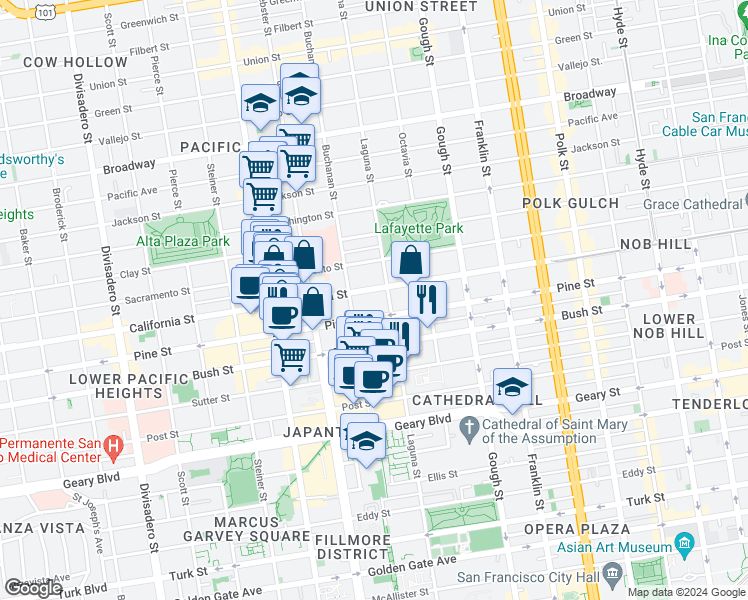 map of restaurants, bars, coffee shops, grocery stores, and more near 2162 California Street in San Francisco