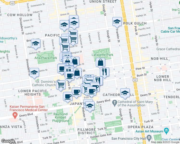 map of restaurants, bars, coffee shops, grocery stores, and more near 2162 California Street in San Francisco