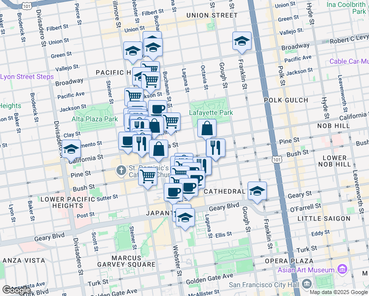 map of restaurants, bars, coffee shops, grocery stores, and more near 2162 California Street in San Francisco