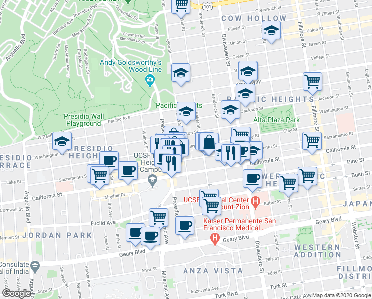 map of restaurants, bars, coffee shops, grocery stores, and more near 3150 Clay Street in San Francisco