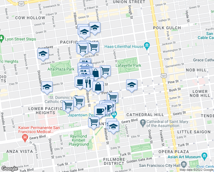 map of restaurants, bars, coffee shops, grocery stores, and more near 2201 California Street in San Francisco