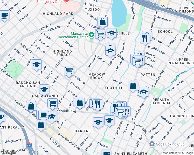 map of restaurants, bars, coffee shops, grocery stores, and more near 2441 East 24th Street in Oakland