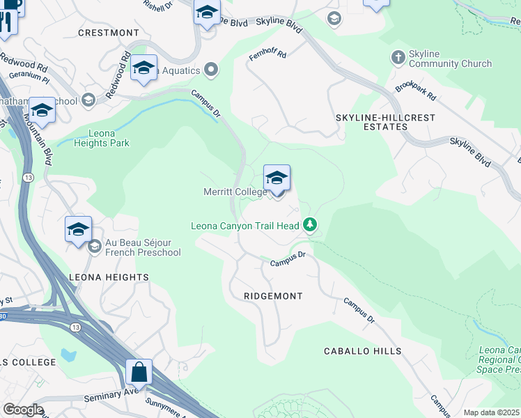 map of restaurants, bars, coffee shops, grocery stores, and more near 12500 Campus Drive in Oakland