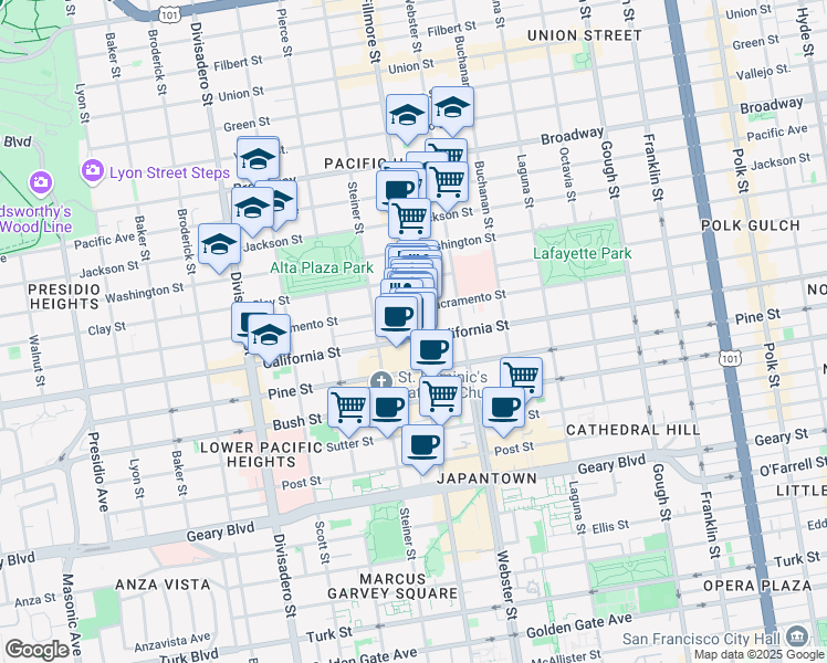 map of restaurants, bars, coffee shops, grocery stores, and more near 2507 Sacramento Street in San Francisco