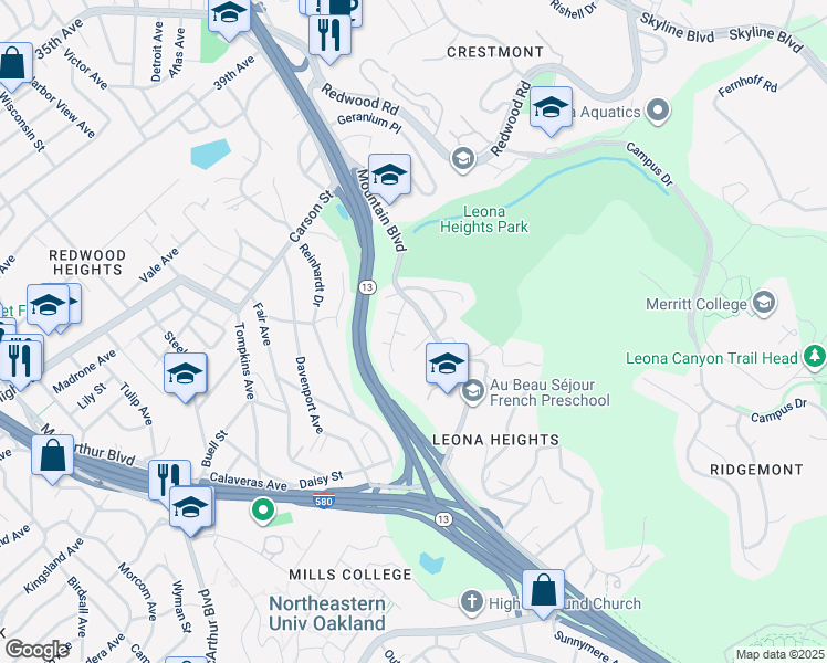 map of restaurants, bars, coffee shops, grocery stores, and more near 4191 Observatory Avenue in Oakland