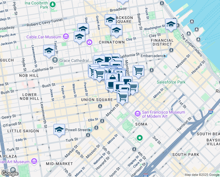 map of restaurants, bars, coffee shops, grocery stores, and more near 255 Sutter Street in San Francisco