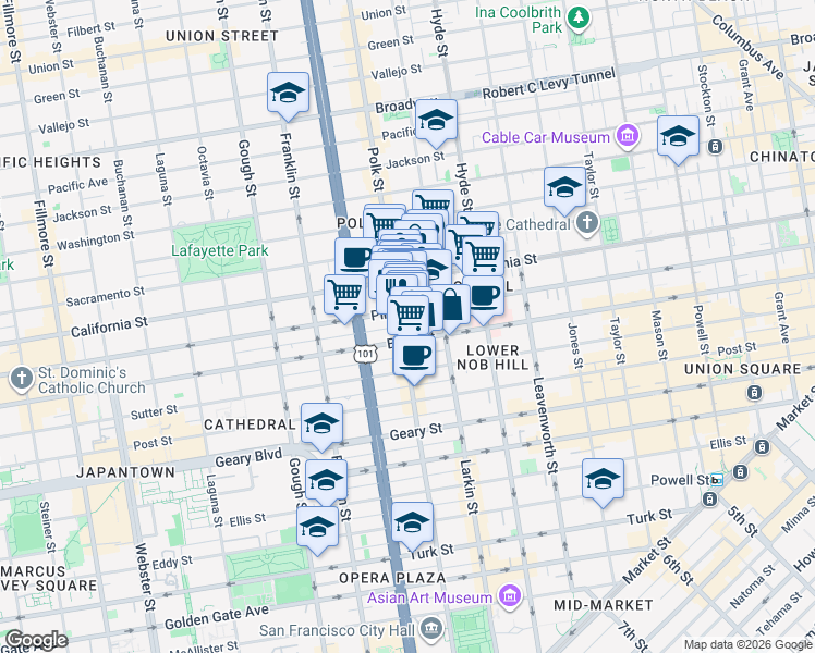 map of restaurants, bars, coffee shops, grocery stores, and more near 81 Frank Norris Street in San Francisco