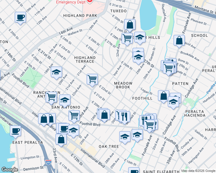 map of restaurants, bars, coffee shops, grocery stores, and more near 2222 Inyo Avenue in Oakland