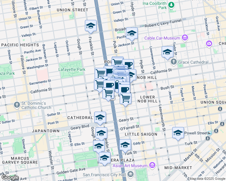 map of restaurants, bars, coffee shops, grocery stores, and more near 1430-1444 Bush Street in San Francisco