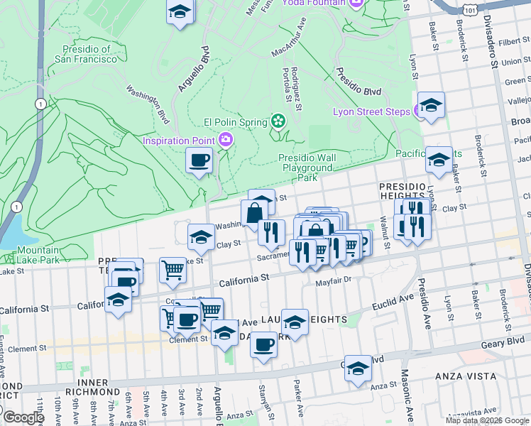 map of restaurants, bars, coffee shops, grocery stores, and more near 3800 Washington Street in San Francisco