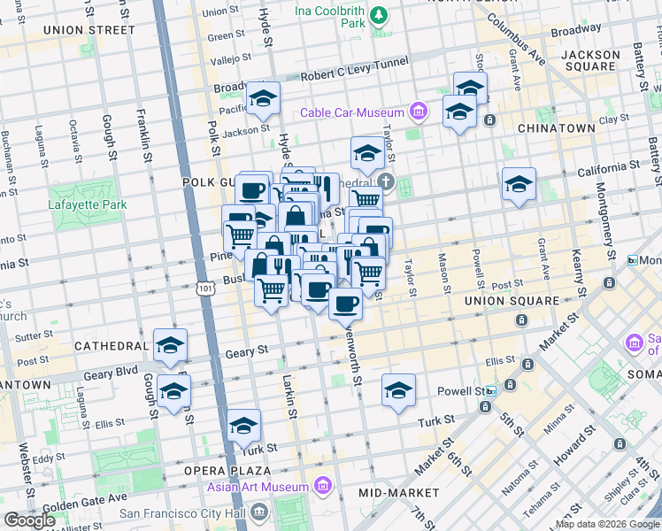 map of restaurants, bars, coffee shops, grocery stores, and more near 1121 Bush Street in San Francisco