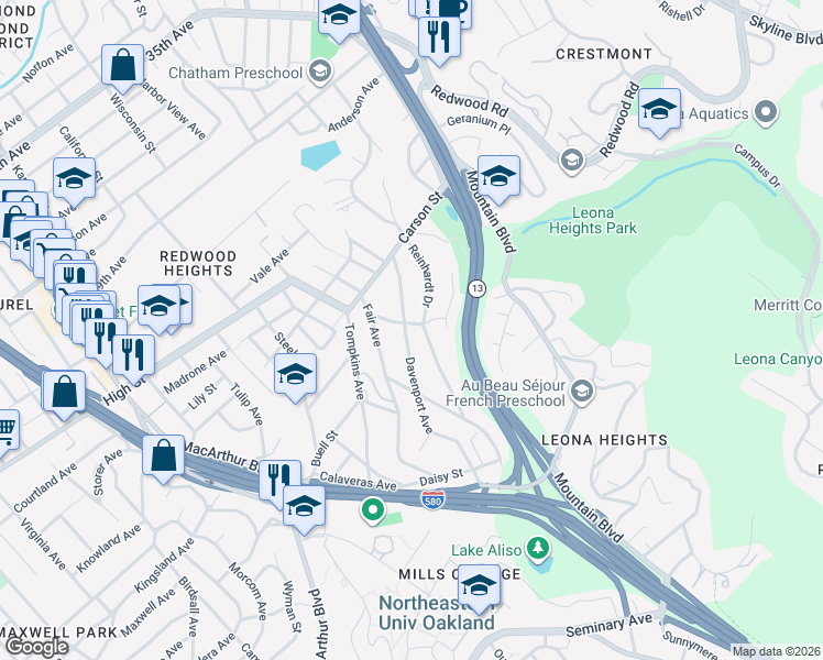 map of restaurants, bars, coffee shops, grocery stores, and more near 4701 Kaphan Avenue in Oakland