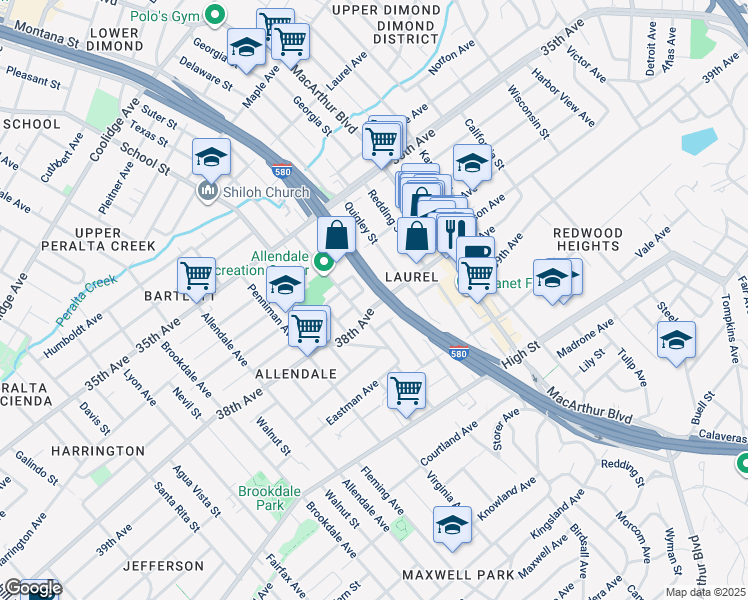 map of restaurants, bars, coffee shops, grocery stores, and more near 3323 38th Avenue in Oakland