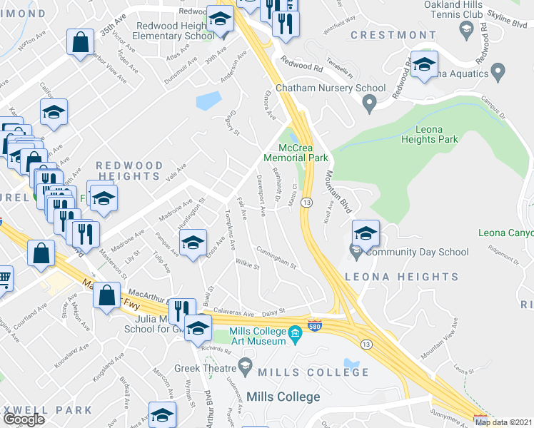 map of restaurants, bars, coffee shops, grocery stores, and more near 4701 Kaphan Avenue in Oakland