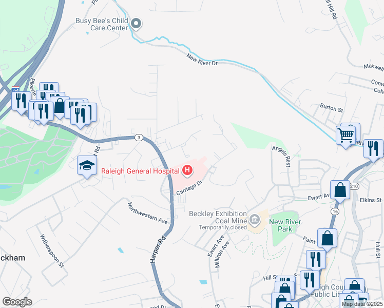 map of restaurants, bars, coffee shops, grocery stores, and more near 107 Westline Drive in Beckley