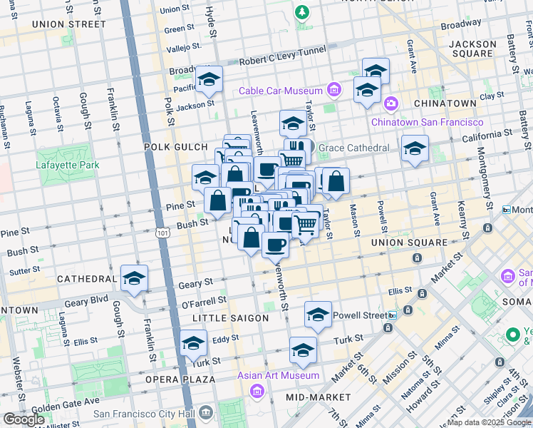 map of restaurants, bars, coffee shops, grocery stores, and more near 806 Sutter Street in San Francisco