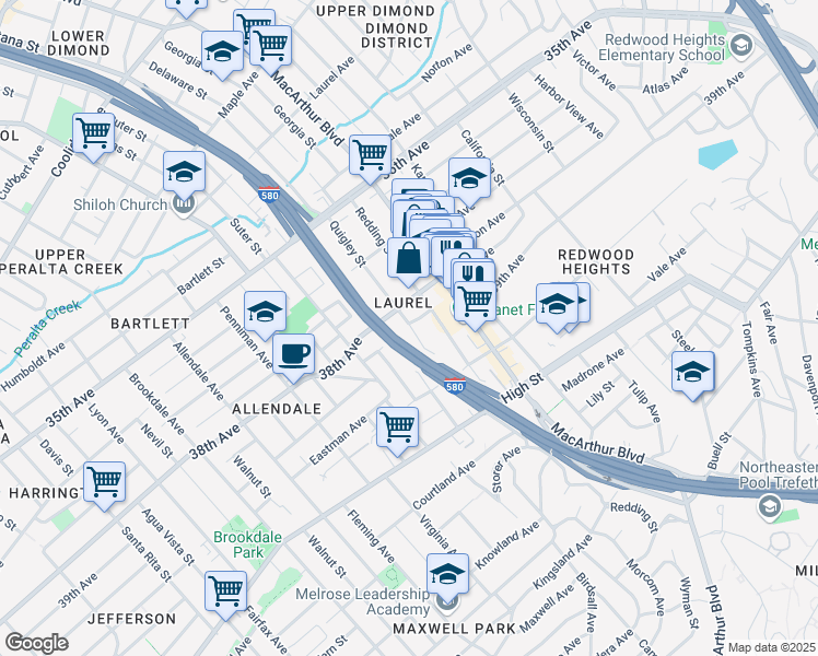 map of restaurants, bars, coffee shops, grocery stores, and more near in Oakland
