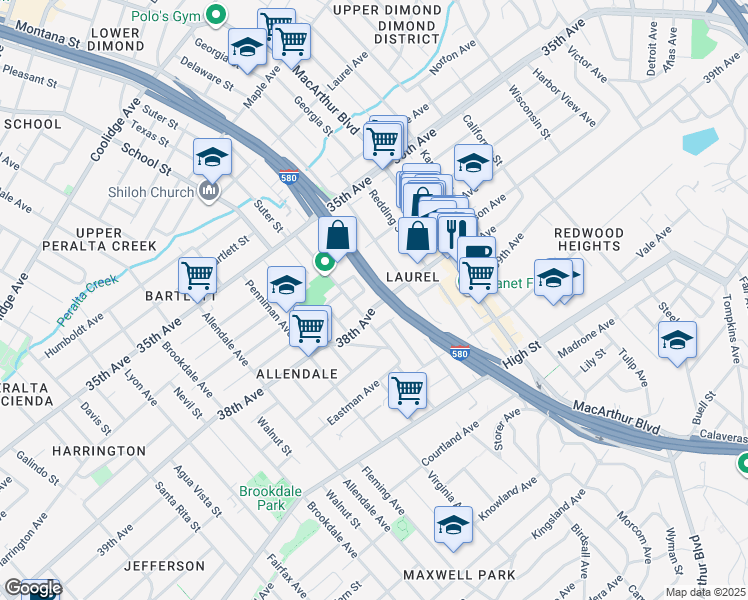 map of restaurants, bars, coffee shops, grocery stores, and more near 3429 38th Avenue in Oakland