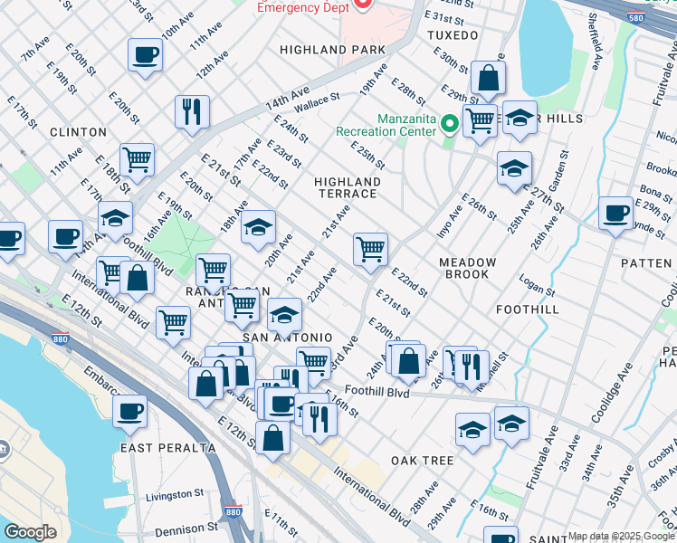 map of restaurants, bars, coffee shops, grocery stores, and more near 2047 22nd Avenue in Oakland