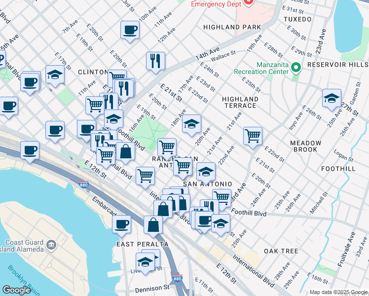 map of restaurants, bars, coffee shops, grocery stores, and more near 1905 East 19th Street in Oakland