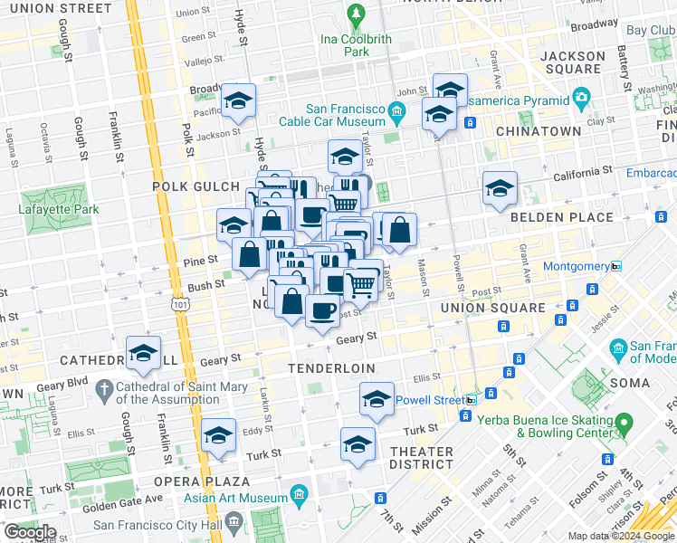 map of restaurants, bars, coffee shops, grocery stores, and more near 806 Sutter Street in San Francisco