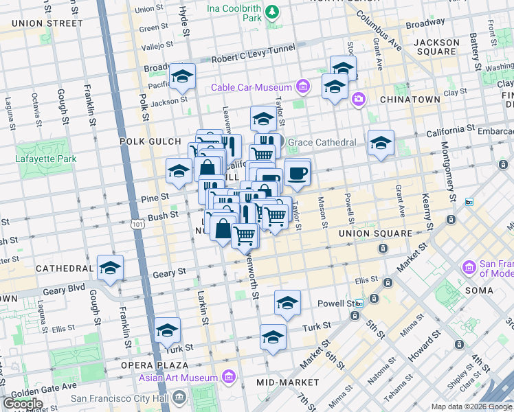 map of restaurants, bars, coffee shops, grocery stores, and more near 806 Sutter Street in San Francisco