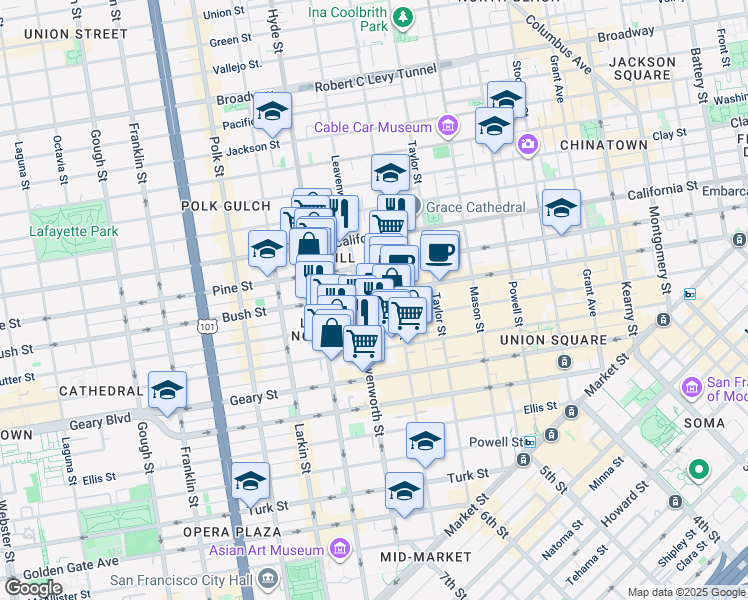 map of restaurants, bars, coffee shops, grocery stores, and more near 806 Sutter Street in San Francisco