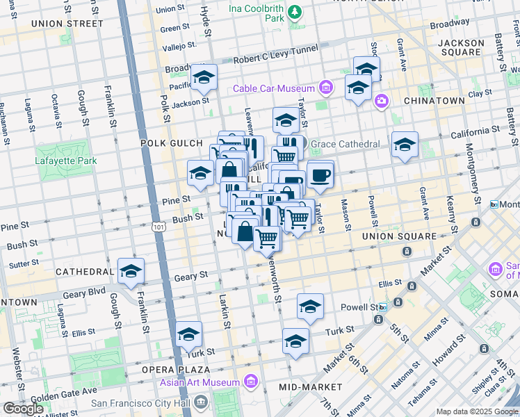 map of restaurants, bars, coffee shops, grocery stores, and more near 806 Sutter Street in San Francisco