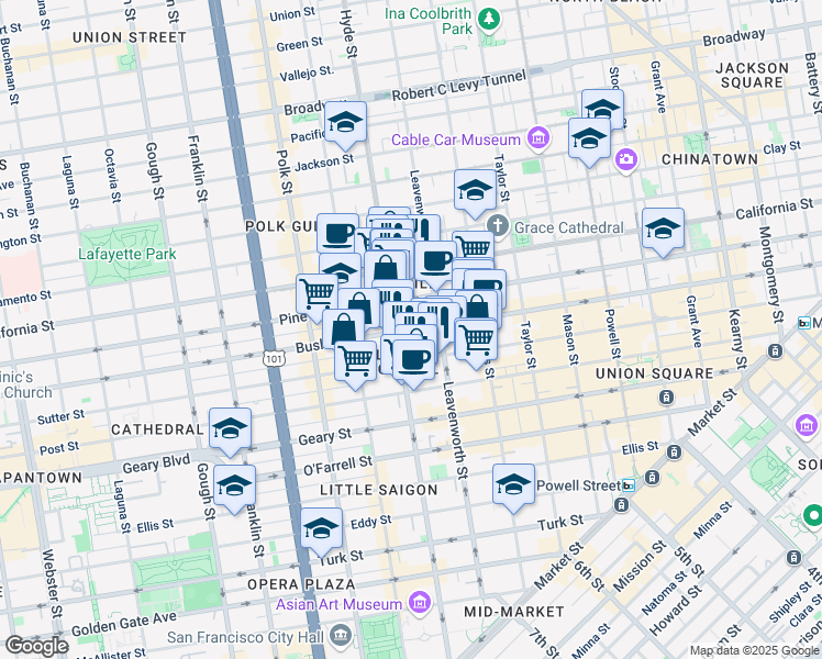 map of restaurants, bars, coffee shops, grocery stores, and more near 900 Hyde Street in San Francisco