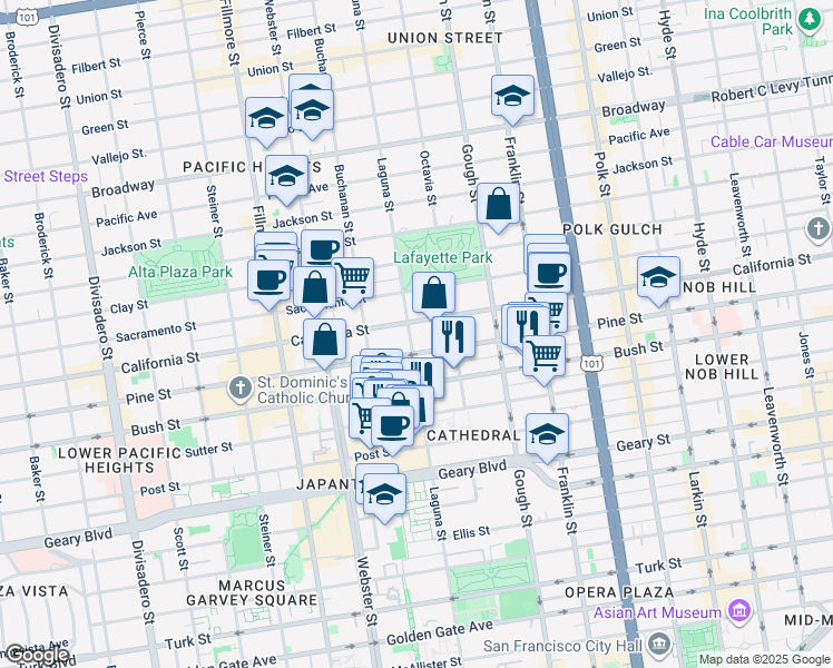map of restaurants, bars, coffee shops, grocery stores, and more near 2075 California Street in San Francisco
