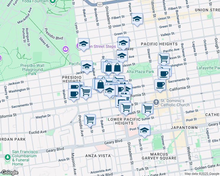 map of restaurants, bars, coffee shops, grocery stores, and more near 2971 Clay Street in San Francisco