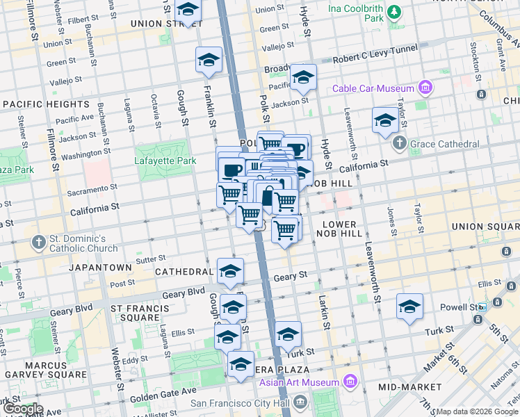 map of restaurants, bars, coffee shops, grocery stores, and more near 1450 Van Ness Avenue in San Francisco
