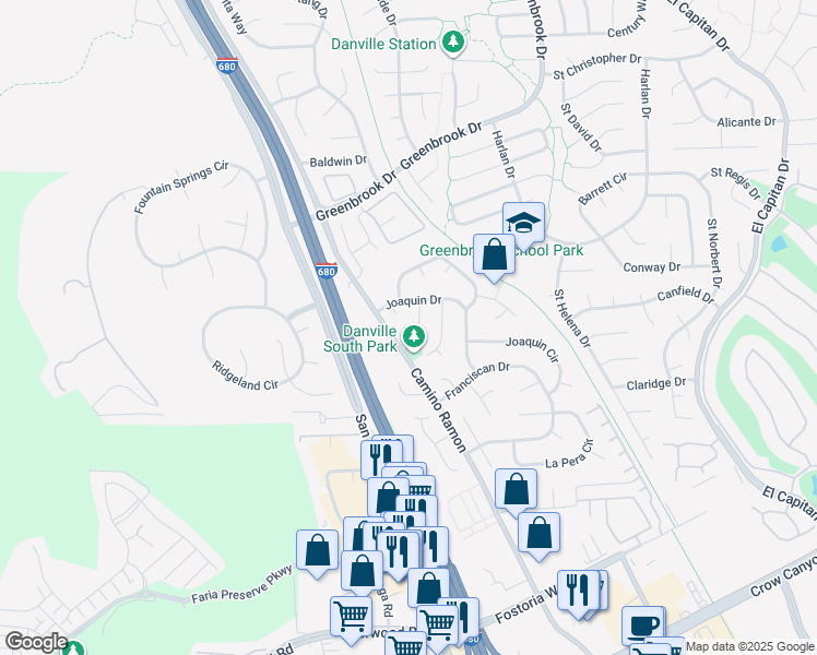 map of restaurants, bars, coffee shops, grocery stores, and more near 21 Velasco Court in Danville