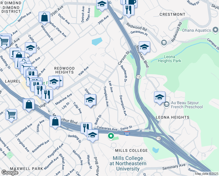 map of restaurants, bars, coffee shops, grocery stores, and more near 4601 Fair Avenue in Oakland