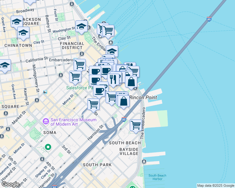 map of restaurants, bars, coffee shops, grocery stores, and more near 301 Main Street in San Francisco