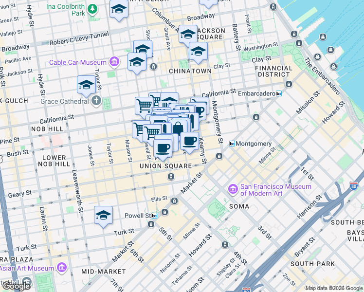 map of restaurants, bars, coffee shops, grocery stores, and more near 272 Post Street in San Francisco