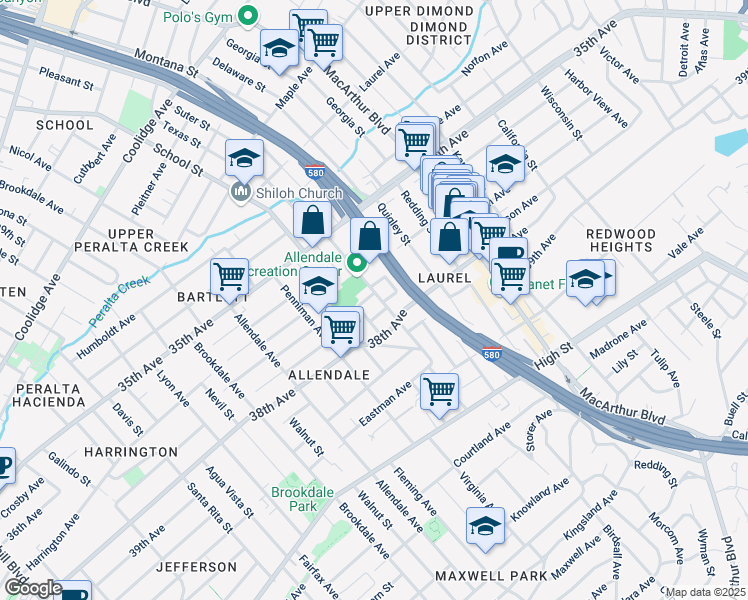 map of restaurants, bars, coffee shops, grocery stores, and more near 3226 Star Avenue in Oakland